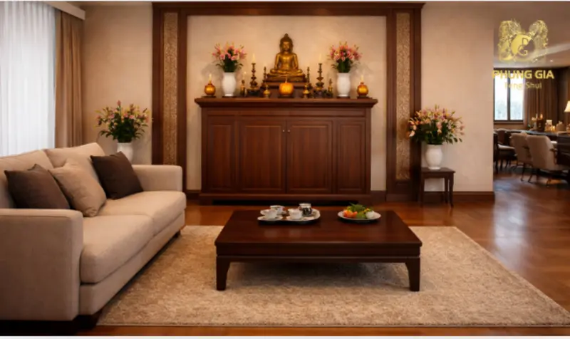 Bàn thờ có thể cùng không gian nhưng luôn ở vị trí cao và trang trọng hơn khu sinh hoạt nhằm đảm bảo sự phân cấp không gian, giữ sự tôn nghiêm cần thiết