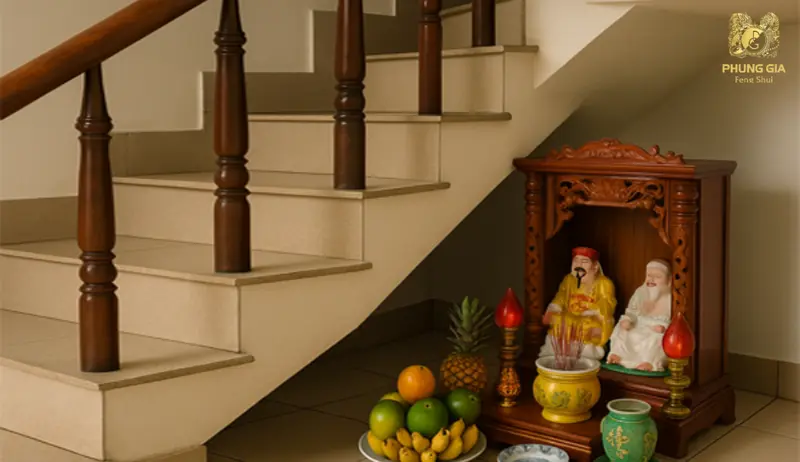 Bàn thờ dưới gầm cầu thang bị áp khí và thiếu trang nghiêm, không phù hợp với không gian thờ cúng