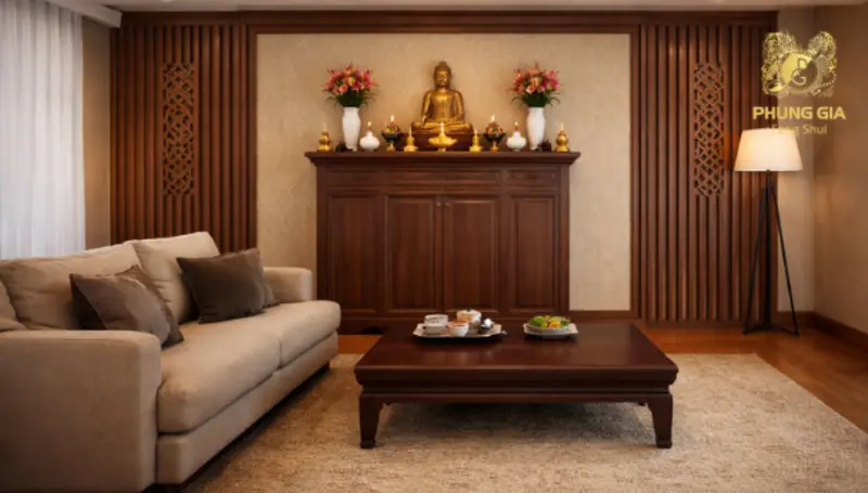 Bàn thờ nên tựa vào tường vững chắc, phía sau không có khoảng trống. Điều này giúp tạo thế “tọa sơn”, giúp ổn định khí và tăng sự vững chãi cho gia đạo