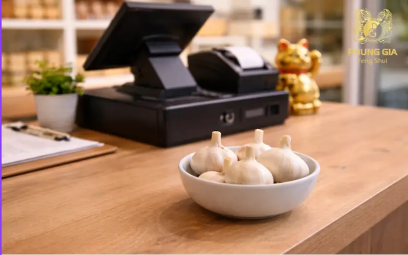 Bát tỏi nhỏ tại quầy hoặc kệ giúp duy trì sự ổn định và gọn gàng cho không gian kinh doanh