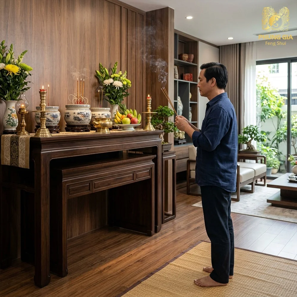 Gia chủ đang thắp hương ban thờ gia tiên