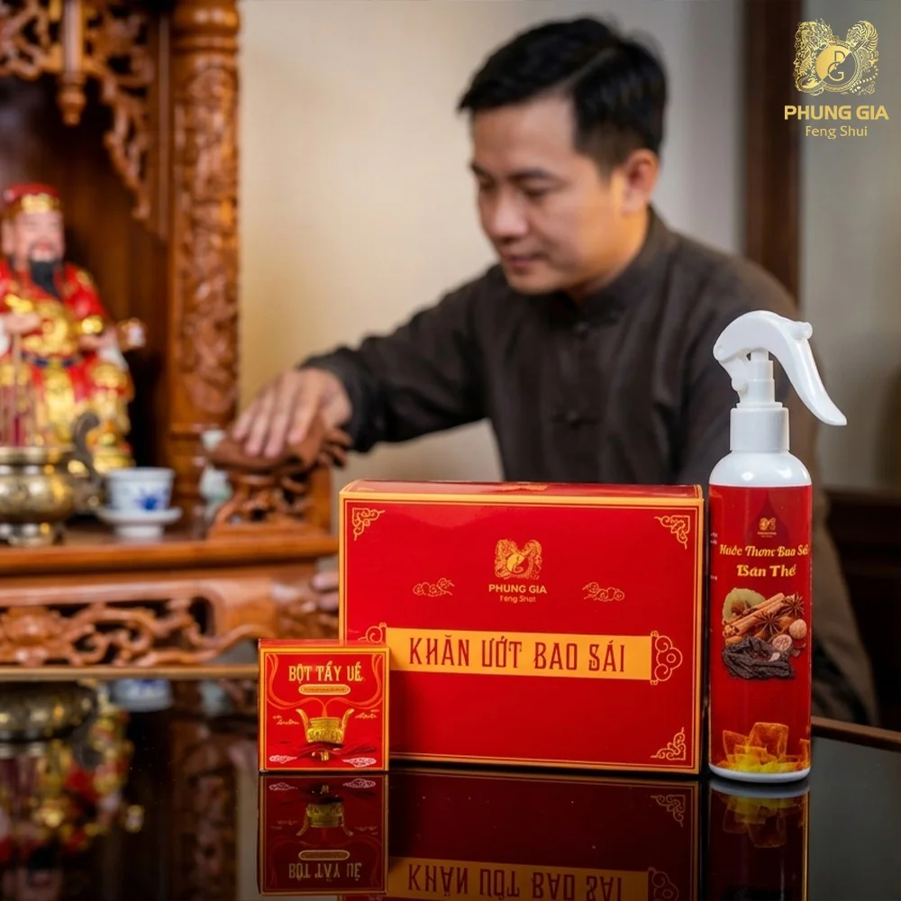 Khách hàng dùng bộ bao sái Phùng Gia để bao sái ban thờ Thần Tài