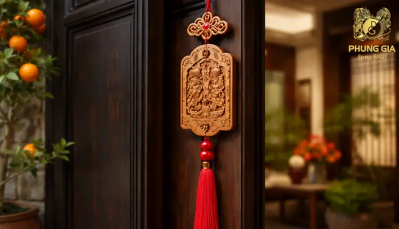 Bùa gỗ đào treo trước cửa chính mang ý nghĩa trấn trạch, ngăn năng lượng tiêu cực xâm nhập