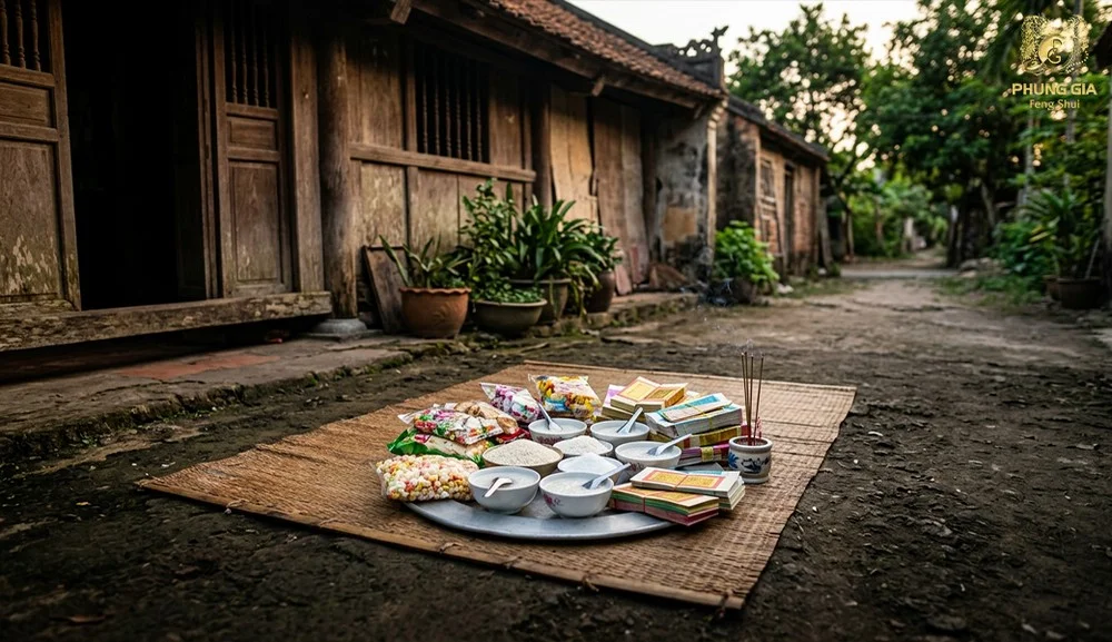 Mâm cúng chúng sinh đặt ngoài trời trước cửa nhà.