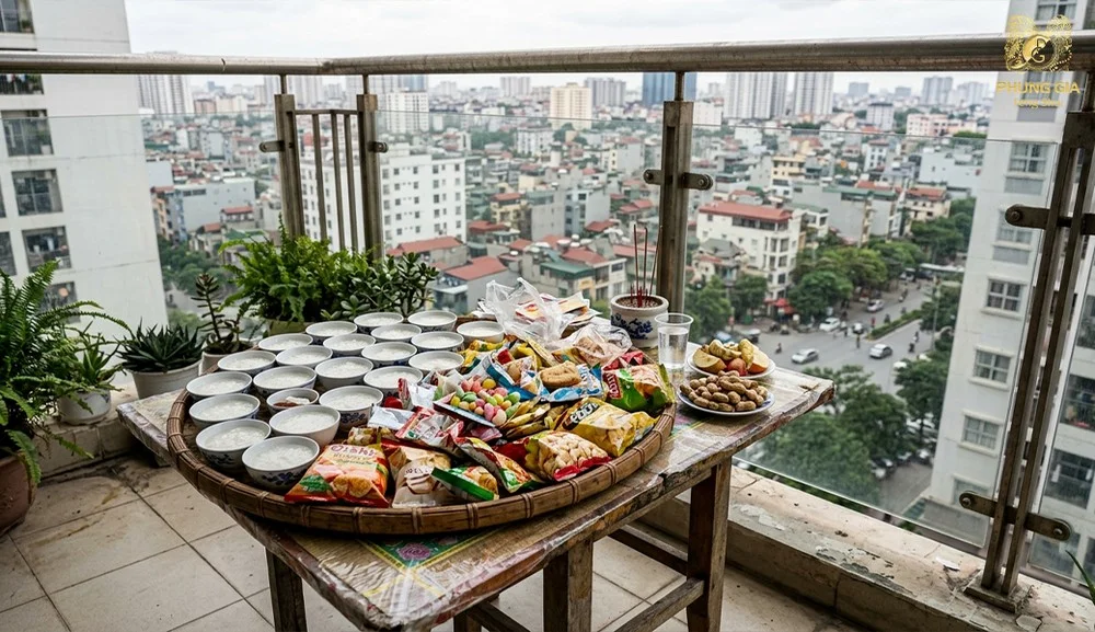 Cúng chúng sinh ở ban công chung cư.