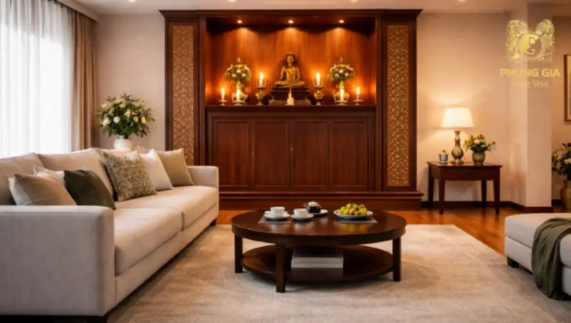 Dùng ánh sáng vàng nhẹ, tập trung vào khu vực thờ giúp tăng sự ấm cúng, trang nghiêm và ổn định năng lượng