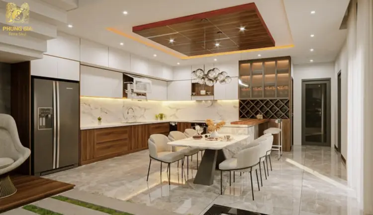 Màu sắc hợp phong thủy cho bếp: Xanh lá (Mộc) nuôi dưỡng Hỏa, vàng nhạt, nâu đất (Thổ) mang lại sự bền vững và an yên