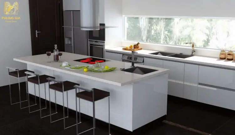 Bố cục bếp chữ L tách biệt Hỏa và Thủy, thuận tiện di chuyển