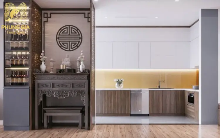 Gia chủ nên sử dụng bình phong hoặc vách ngăn để phân chia bếp với các khu vực khác