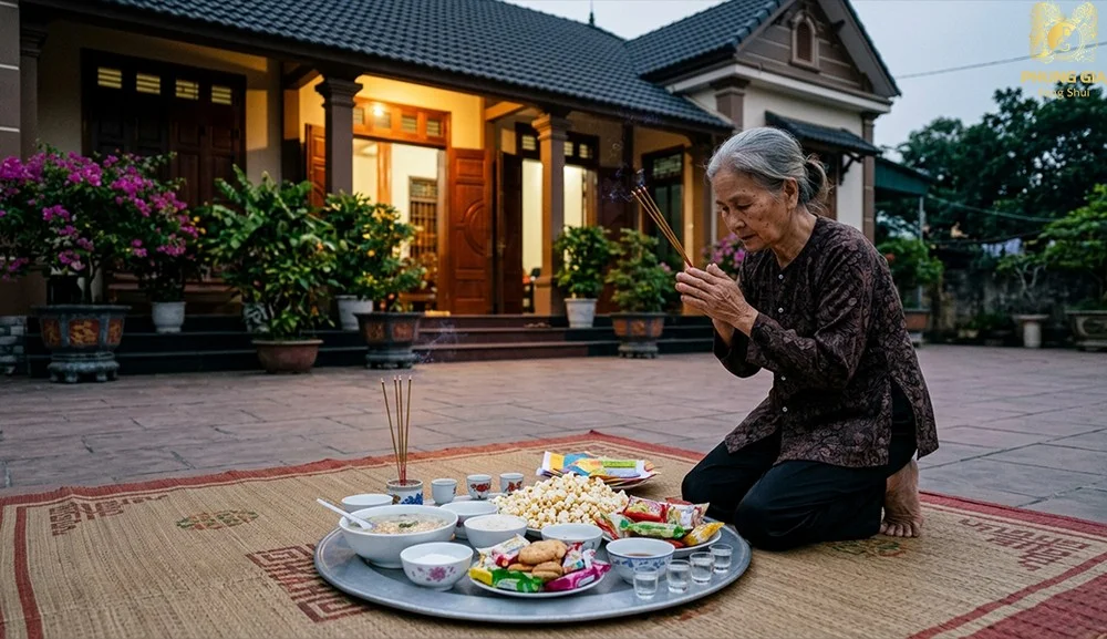 Mâm cúng chúng sinh ngoài sân trong lễ cúng cô hồn tháng 7 âm lịch.