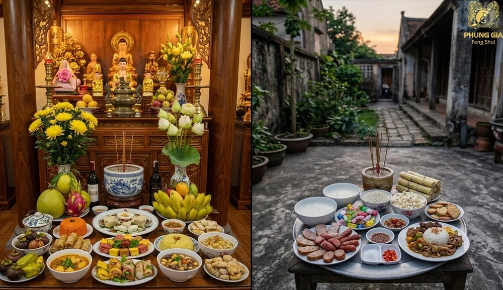 So sánh mâm cúng Vu Lan trong nhà và mâm cúng cô hồn ngoài sân.