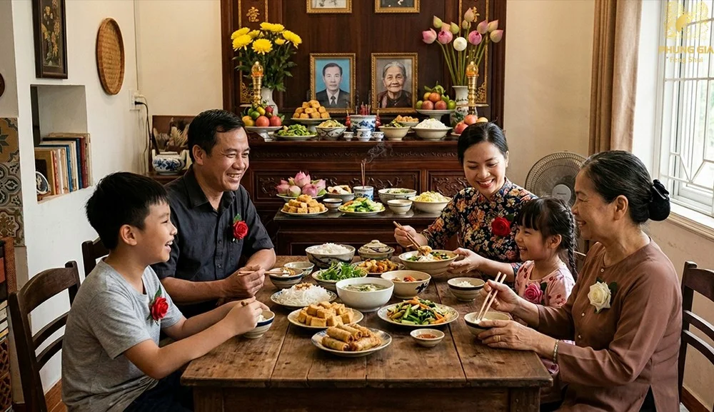 Gia đình chuẩn bị mâm cúng lễ Vu Lan báo hiếu tại nhà.