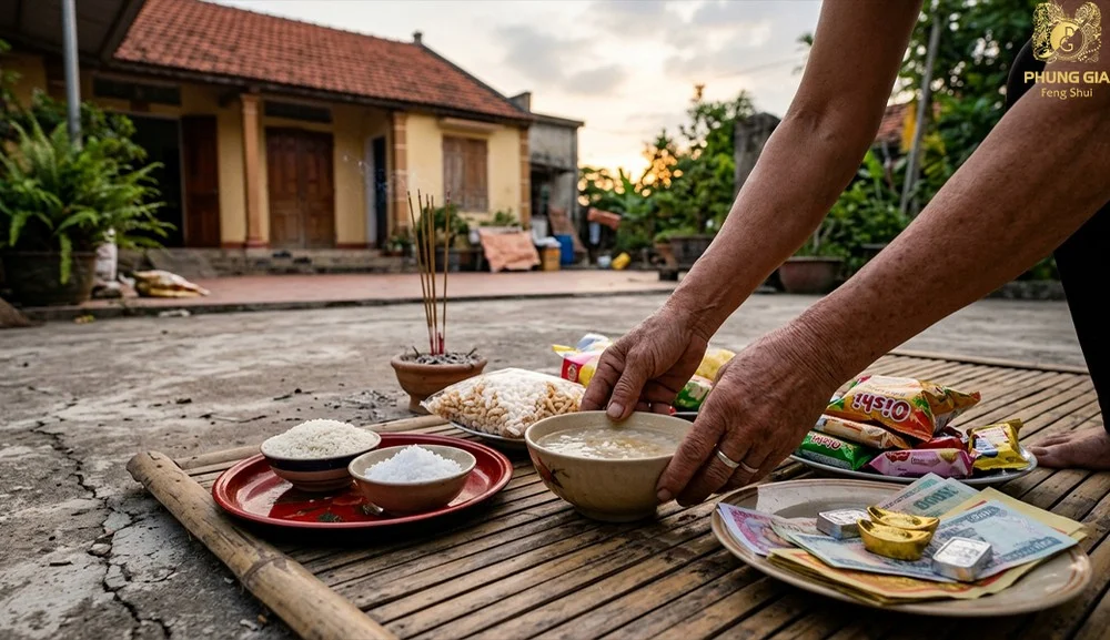 Bày mâm cúng chúng sinh xá tội vong nhân ngoài sân chiều tối.
