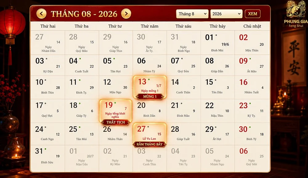 Lịch tháng 7 âm lịch năm 2026 gồm 29 ngày âm – dương