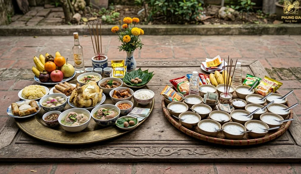 Lễ vật mâm cúng gia tiên và mâm cúng chúng sinh.