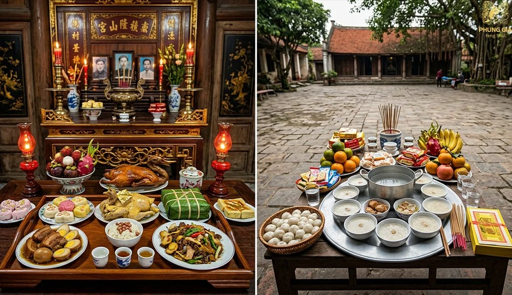 Vị trí đặt mâm cúng gia tiên và mâm cúng chúng sinh.