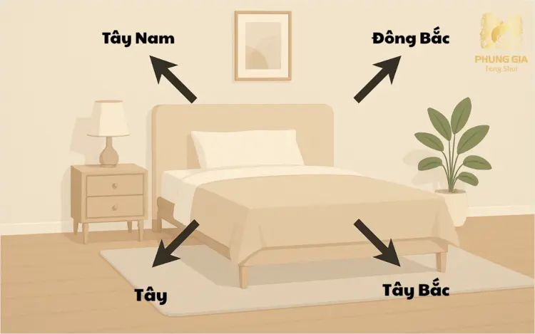 Tây Nam, Đông Bắc, Tây, Tây Bắc là bốn hướng phù hợp để kê giường cho người mệnh Kim