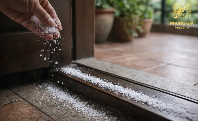 Lớp muối mỏng trước cửa giúp làm mới năng lượng và tạo cảm giác sạch sẽ, thông thoáng cho lối vào kinh doanh