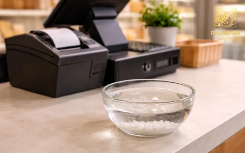 Muối hòa nước đặt tại góc cửa hoặc quầy thu ngân nhằm hỗ trợ cân bằng năng lượng không gian