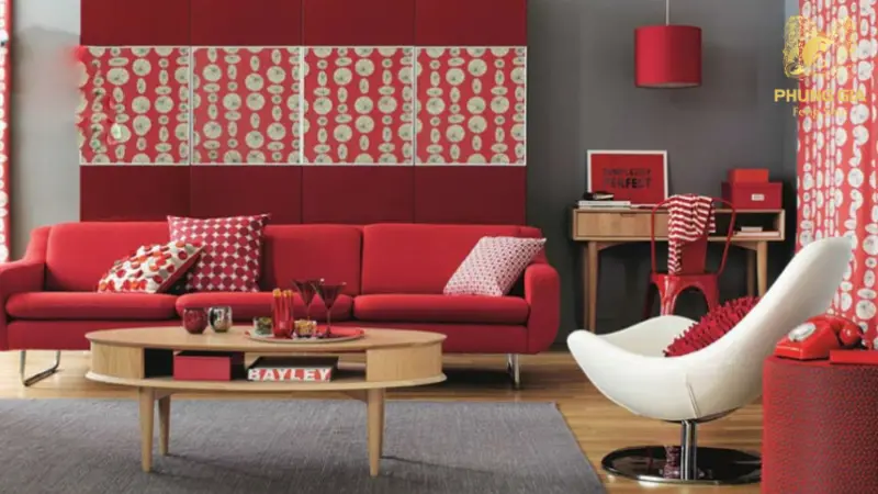 Thiết kế nội thất với tông đỏ - cam - tím - xanh lá tạo điểm nhấn phong thủy, thúc đẩy năng lượng và động lực phát triển