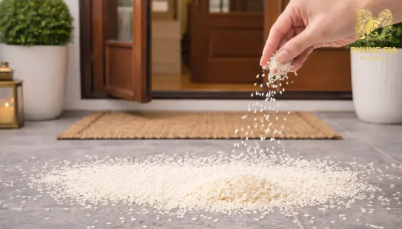 Gia chủ rắc gạo nếp trước cửa chính để tạo lớp dương khí hộ môn, bảo vệ không gian sống