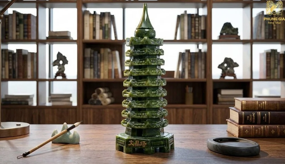 Tháp Văn Xương 9 tầng đá xanh Serpentine chính hãng Phùng Gia