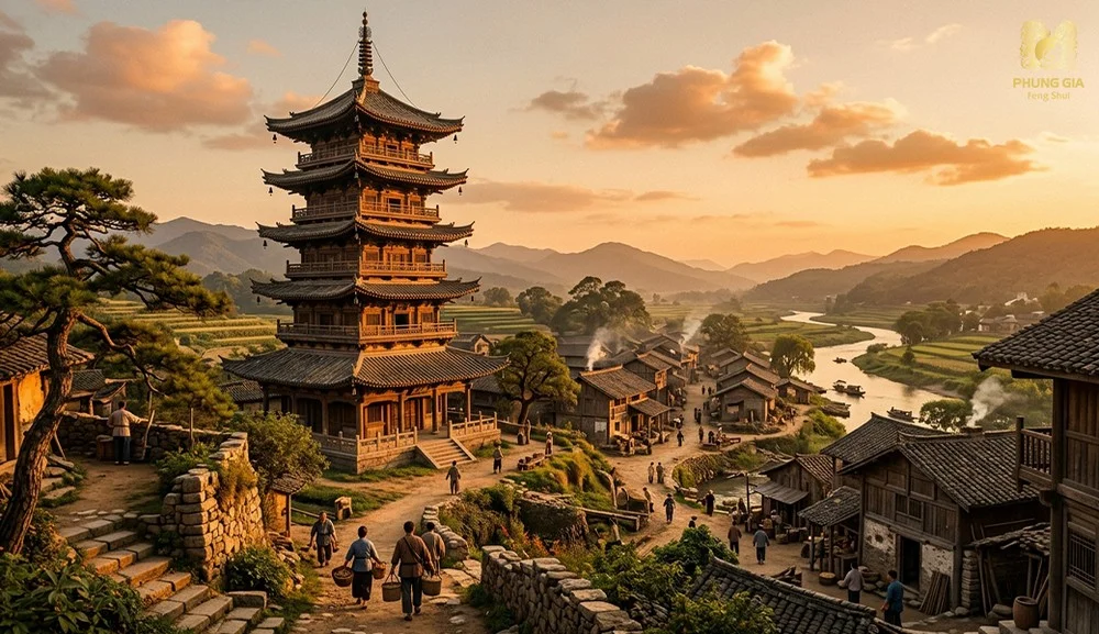 Minh họa sự tích bảo tháp cổ gắn với nguồn gốc Tháp Văn Xương