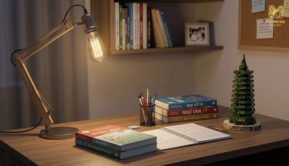 Tháp Văn Xương đặt trên bàn học hỗ trợ tinh thần học tập