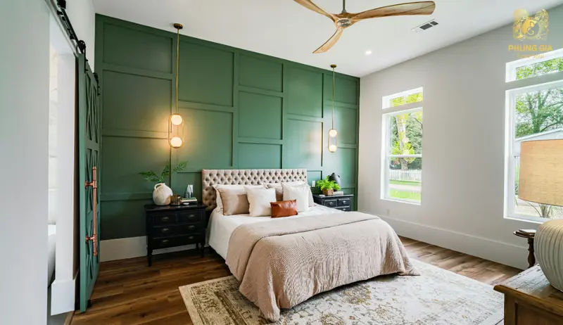 Xanh lá nhạt giúp phòng ngủ mệnh Kim mềm không gian, thư giãn tinh thần và giữ cân bằng