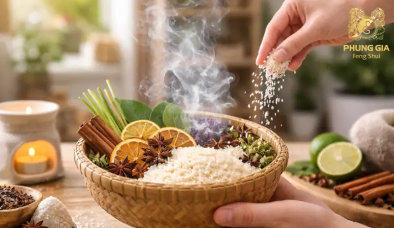 Xông nhà bằng gạo nếp và hương liệu nhằm thanh lọc không gian, kích hoạt dương khí